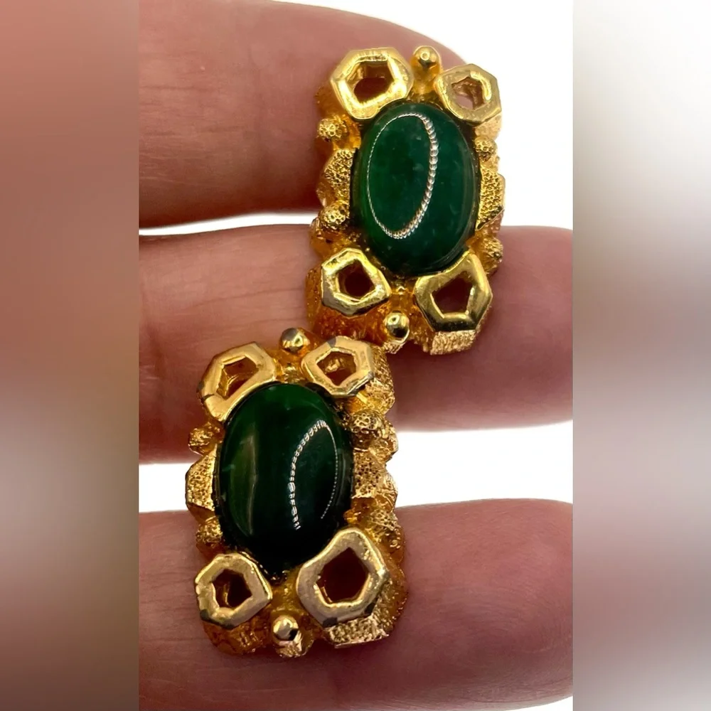 Vintage Gold Tone Rectangular Open Work Cufflinks with Green Oval Gem Center